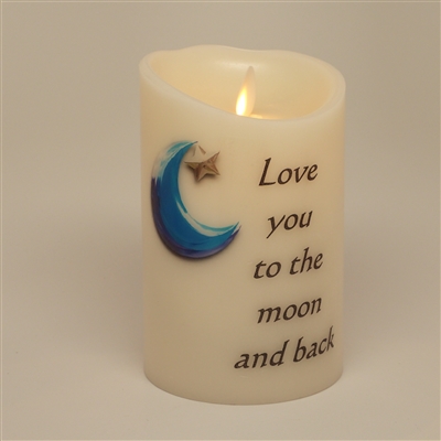 "Love You to the Moon and Back" - Torchier Moving Flame - Flameless LED Candle - Indoor - Ivory Wax - Remote Ready - 3.5" x 5"