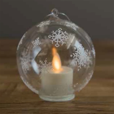 LightLi by Liown - White Snowflake Ornament With Moving Flame LED Tealight - 3.5-Inch Diameter Globe - Remote Ready