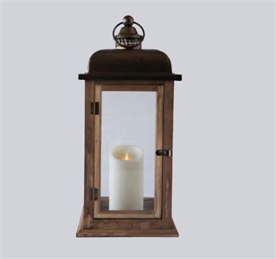 LightLi - Moving Flame LED Candle Lantern - Wood & Metal Construction w/ Glass Panes - 8" x 8" x 17.5" - Remote Ready