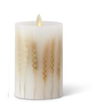 Luminara - Real Flame Effect Pillar Candle - Embedded Wheat Stalks - 3.25-Inches x 5.5-Inches - Unscented White Wax - Indoor - Remote Ready