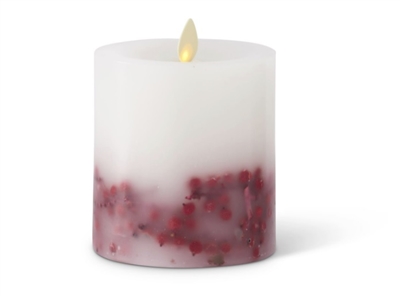 Luminara - Embedded Bright Red Berries - Real Flame Effect Pillar Candle - 3.5-Inches x 4.5-Inches - Unscented White Wax - Indoor - Remote Ready