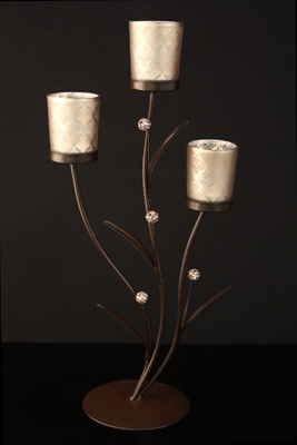 Tealight Candle Display Stand - Brocade Silver - Painted Brown Metal With Glass Cups - Holds 3 Tealights
