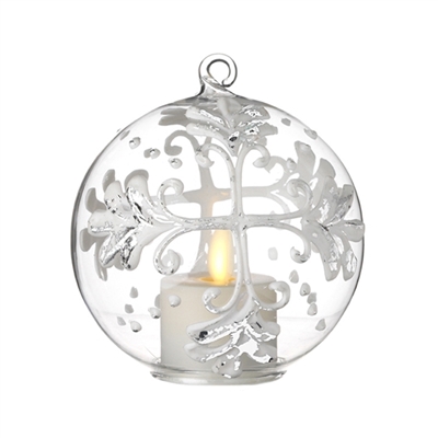 Liown - Snowflake Ornament With Non-Moving Flame LED Tealight - 3.5-Inch Diameter Glass Globe - Remote Ready