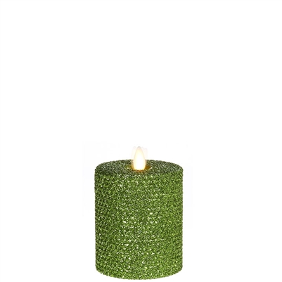 Liown - Moving Flame - Flameless LED Candle - Indoor - Honeycomb Wax - Green Glitter Coating - Unscented - Remote Ready - 3.25