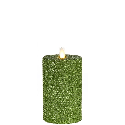 Liown - Moving Flame - Flameless LED Candle - Indoor - Honeycomb Wax - Green Glitter Coating - Unscented - Remote Ready - 3.25" x 6"