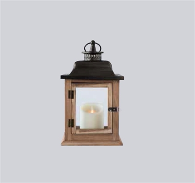 LightLi - Moving Flame LED Candle Lantern - Wood & Metal Construction w/ Glass Panes - 7.5