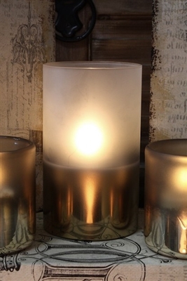 Radiance - Metallic Frosted Glass Pillar Candle - Poured Wax - Realistic LED Flame Effect - Indoor - Unscented Wax - Remote Ready - 3.5