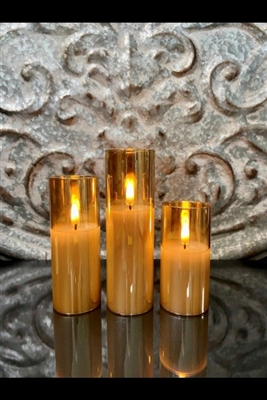 Radiance - The Petit Trio - Set of 3 - Realistic Flame Effect - Poured Wax - Champagne Gold Glass Pillar Candles - Indoor - Unscented Wax - Remote Ready