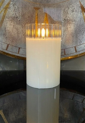 Radiance - Simply Ivory Clear Faceted Glass Pillar Candle - Poured Wax - Realistic LED Flame Effect - Indoor - Unscented Wax - Remote Ready - 3.5" x 6"
