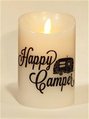 "Happy Camper" (Black & White) Moving Flame LED Candle - White Wax - Indoor - 3.5" x 5" - Blow "OFF" / Blow "ON" - Remote Enabled