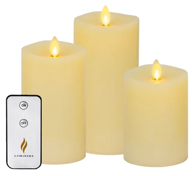 Luminara Set of 3 Moving Flame LED Pillar Candles - Unscented Ivory Wax - 3
