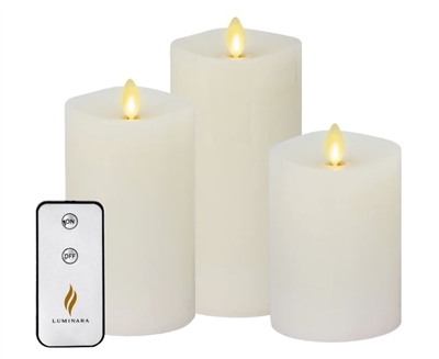 Luminara Set of 3 Moving Flame LED Pillar Candles - Unscented White Wax - 3