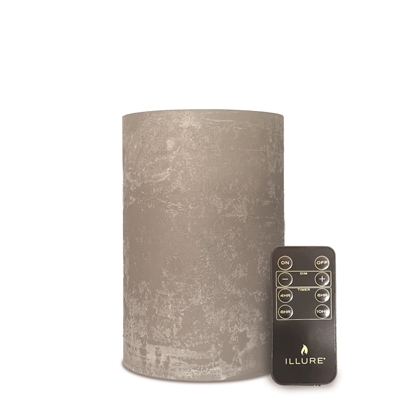 iLLure Artisan Collection - Flameless LED Pillar Candle - 3D Flame w/ Inner Glow - Indoor - Unscented Flint Grey Distressed-Texture Wax - Remote Included - 4