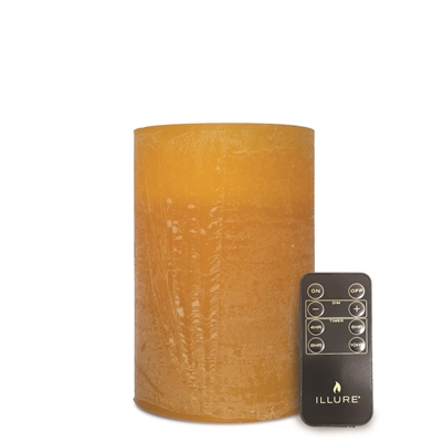 iLLure Artisan Collection - Flameless LED Pillar Candle - 3D Flame w/ Inner Glow - Indoor - Unscented Pure Honey Distressed-Texture Wax - Remote Included - 4