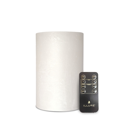 iLLure Artisan Collection - Flameless LED Pillar Candle - 3D Flame w/ Inner Glow - Indoor - Unscented Ice White Distressed-Texture Wax - Remote Included - 4