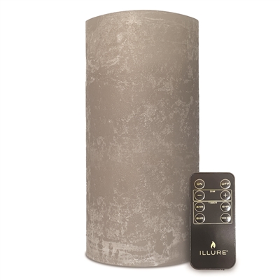 iLLure Artisan Collection - Flameless LED Pillar Candle - 3D Flame w/ Inner Glow - Indoor - Unscented Flint Grey Distressed-Texture Wax - Remote Included - 4