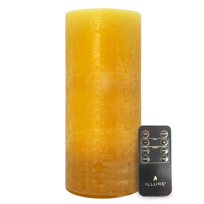 iLLure Artisan Collection - Flameless LED Pillar Candle - 3D Flame w/ Inner Glow - Indoor - Unscented Pure Honey Distressed-Texture Wax - Remote Included - 4