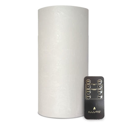 iLLure Artisan Collection - Flameless LED Pillar Candle - 3D Flame w/ Inner Glow - Indoor - Unscented Ice White Distressed-Texture Wax - Remote Included - 4