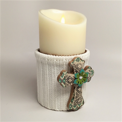 Flameless Candle Cuff - White Sweater Fabric - Cross w/ Flower - For 3.5-Inch x 7-Inch Flameless Candles