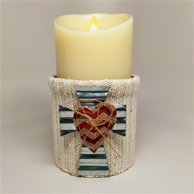 Flameless Candle Cuff - White Sweater Fabric - Cross With Heart - For 3.5-Inch x 7-Inch Flameless Candles