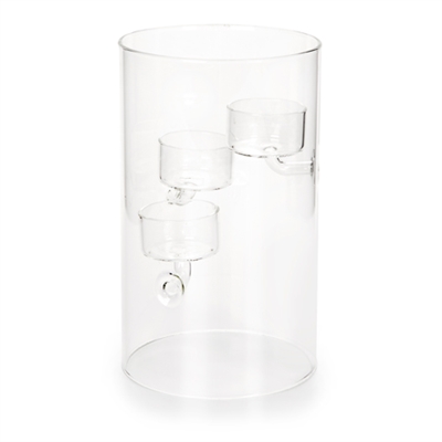 Tealight or Votive Candle Holder Display Stand - Cylindrical Clear Glass w/ 3 x Clear Glass Cups - 4.75" x 7.9"