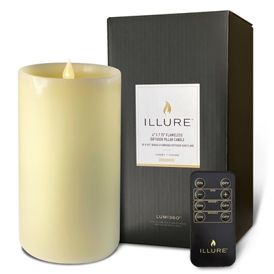 iLLure - Fragrance Diffuser - Flameless LED Pillar Candle - 3D Flame w/ Inner Glow - Indoor - Unscented Ivory Wax - Remote Included - 3.75" x 7"