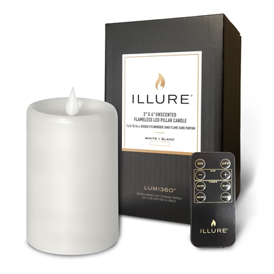 iLLure - Flameless LED Pillar Candle - 3D Flame w/ Inner Glow - Indoor - Unscented White Wax - Remote Included - 3