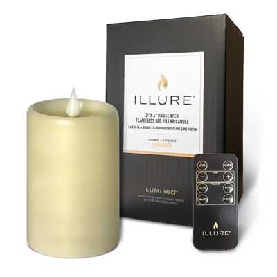 iLLure - Flameless LED Pillar Candle - 3D Flame w/ Inner Glow - Indoor - Unscented Ivory Wax - Remote Included - 3