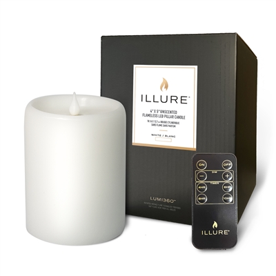 iLLure - Flameless LED Pillar Candle - 3D Flame w/ Inner Glow - Indoor - Unscented White Wax - Remote Included - 4" x 5"