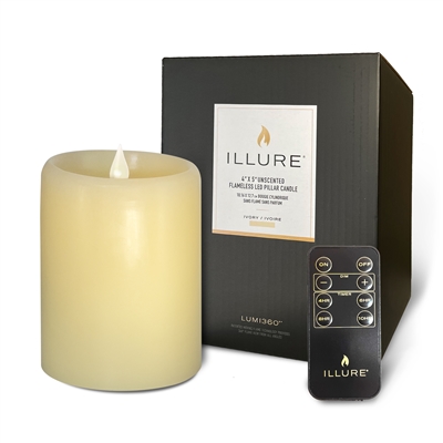 iLLure - Flameless LED Pillar Candle - 3D Flame w/ Inner Glow - Indoor - Unscented Ivory Wax - Remote Included - 4" x 5"