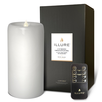iLLure - Flameless LED Pillar Candle - 3D Flame w/ Inner Glow - Indoor - Unscented White Wax - Remote Included - 4