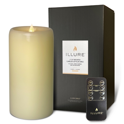 iLLure - Flameless LED Pillar Candle - 3D Flame w/ Inner Glow - Indoor - Unscented Ivory Wax - Remote Included - 4