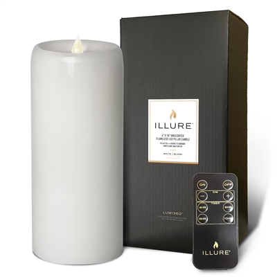 iLLure - Flameless LED Pillar Candle - 3D Flame w/ Inner Glow - Indoor - Unscented White Wax - Remote Included - 4
