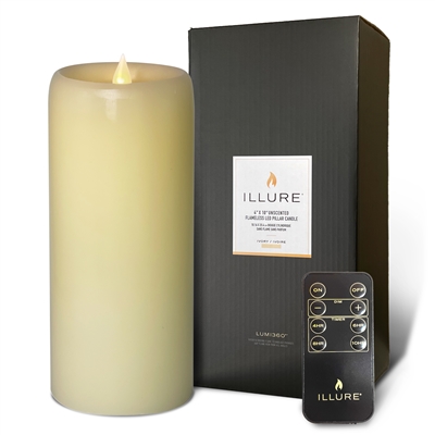 iLLure - Flameless LED Pillar Candle - 3D Flame w/ Inner Glow - Indoor - Unscented Ivory Wax - Remote Included - 4" x 10"