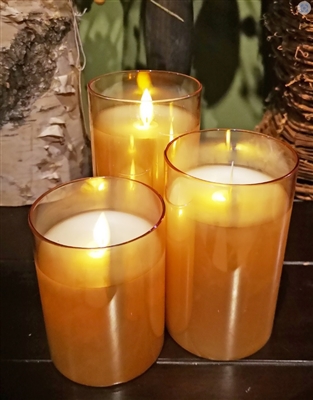 Fantastic Craft - Set of 3 Moving Flame LED Glass Pillars - Amber Colored Glass & Ivory Colored Wax - 3