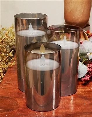 Fantastic Craft - Set of 3 Moving Flame LED Glass Pillars - Smoke Colored Glass and Ivory Colored Wax - 3