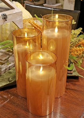 Fantastic Craft - Set of 3 Moving Flame LED Glass Pillars - Amber Colored Glass & Ivory Colored Wax - 3