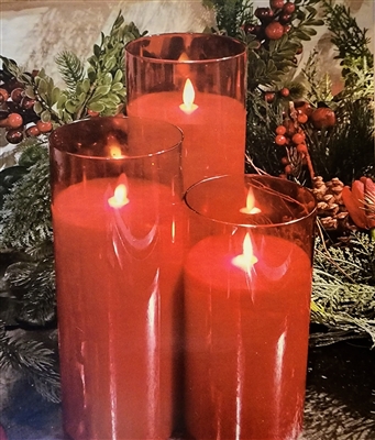 Fantastic Craft - Set of 3 Moving Flame LED Glass Pillars - Red Colored Glass & Wax - 3