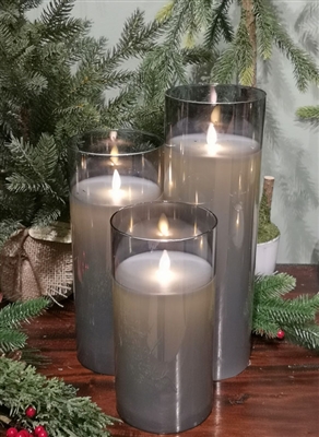 Fantastic Craft - Set of 3 Moving Flame LED Glass Pillars - Smoke Colored Glass and Ivory Colored Wax - 3