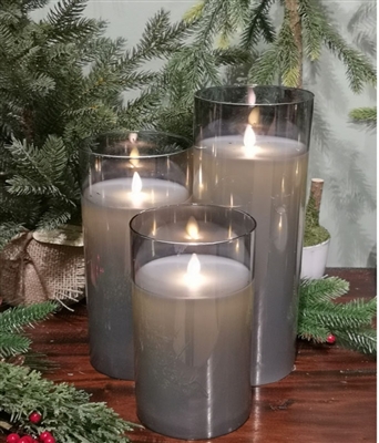 Fantastic Craft - Set of 3 Moving Flame LED Glass Pillars - Smoke Colored Glass and Ivory Colored Wax - 4
