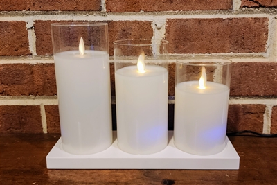 Fantastic Craft - Set of 3 Wireless Rechargeable Flameless LED Clear Glass Pillar Candles with Charging Base - Cream Colored Wax - 3