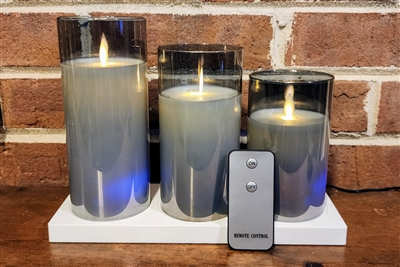 Fantastic Craft - Set of 3 Wireless Rechargeable Flameless LED Glass Pillar Candles with Charging Base - Smoke Colored Glass & Wax - 3